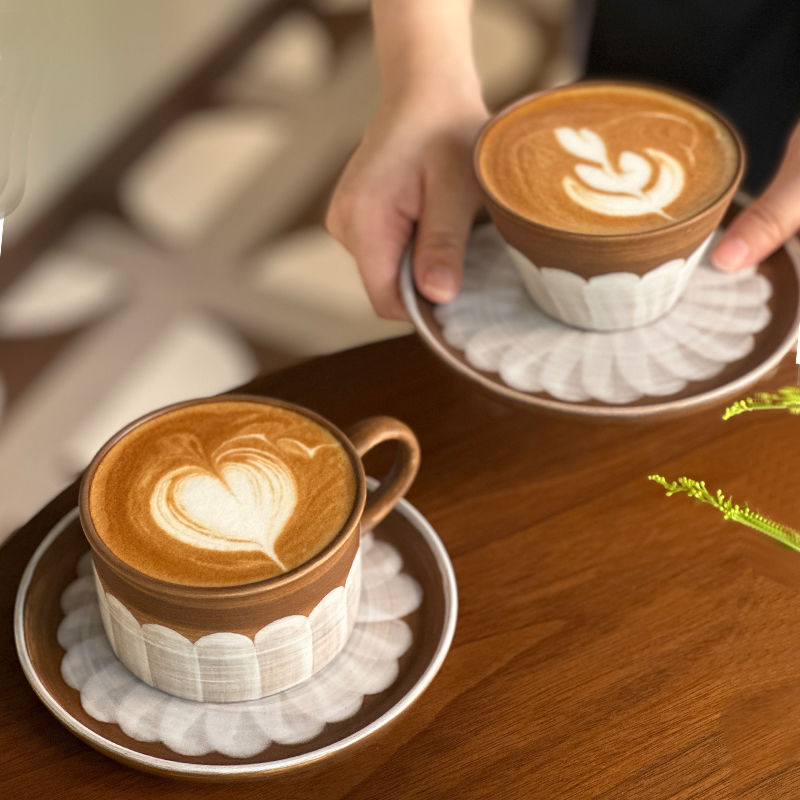 咖啡杯 免運 快速出貨 日式復古手作手繪陶瓷馬克杯碟子套裝家用小眾高顏值咖啡杯水果碟SS09公司貨