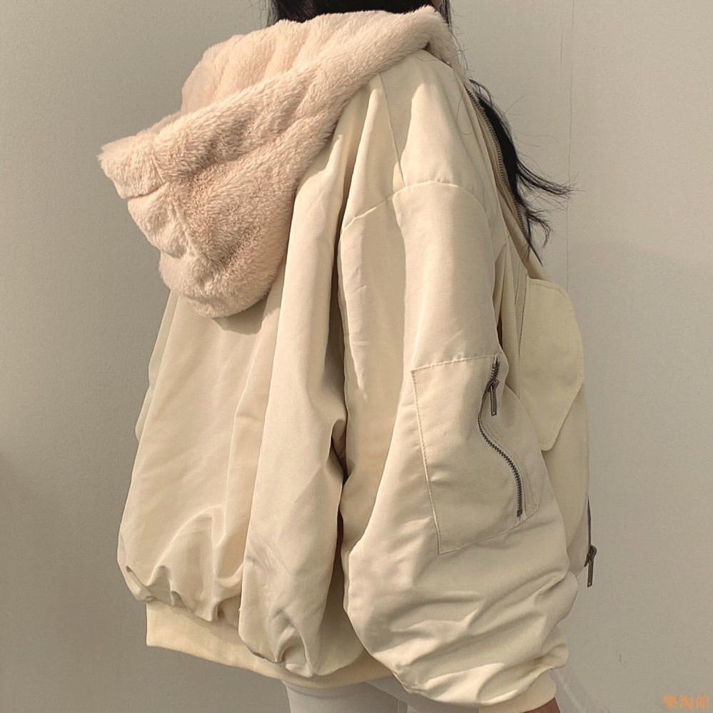 2023冬季新款兩面穿棉服飛行員夾克寬松連帽加絨加厚外套女棉衣女