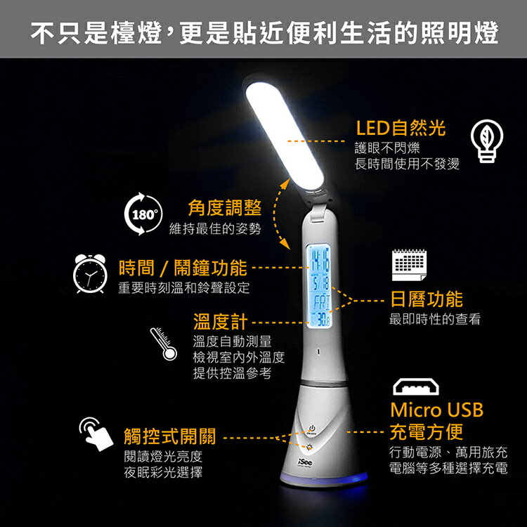 iSee 萬年曆摺疊觸控LED護眼檯燈 二鍵觸控式開關 檯燈+夜燈2合一 USB充電 戶外3~6小時續航 戶外停電必備【領券滿額再折千12/31止】 8