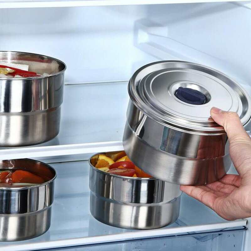 304不銹鋼帶蓋圓形冰箱保鮮盒冷凍真空食物保鮮盒果蔬冰箱密封罐