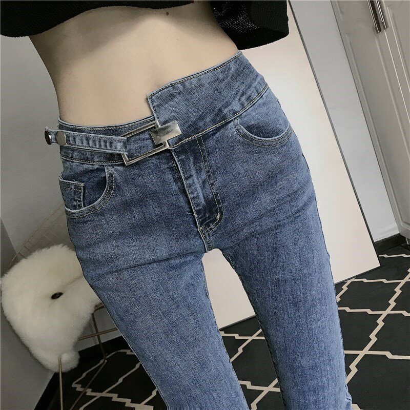 藍色牛仔褲女2021年春秋新款潮網紅設計感高腰顯瘦小腳褲九分褲子