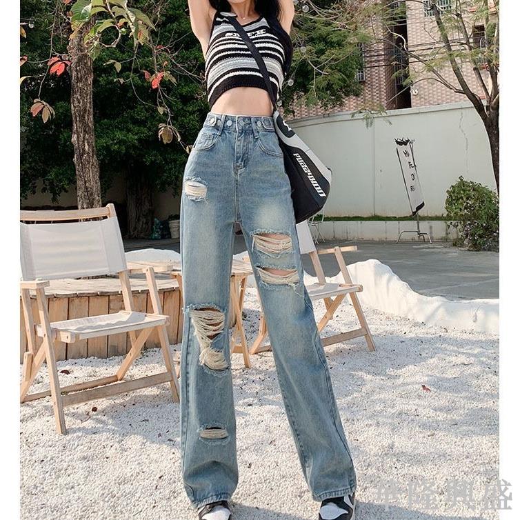牛仔褲 破洞牛仔褲 彈力 直筒褲 高腰牛仔褲 牛仔褲女 直筒牛仔褲 辣妹 喇叭褲 牛仔長褲 顯瘦牛仔褲