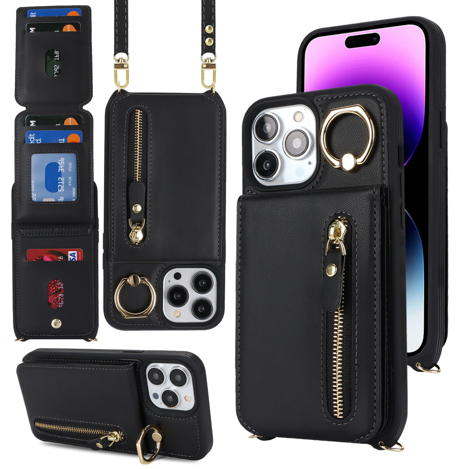 日本適用iPhone15ProMax斜挎拉鏈錢包手機殼蘋果16帶插卡指環支架