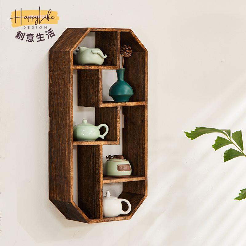 工廠現貨 免運 附發票 置物架 博古架 茶杯架 收納架 茶室收納架 新款中式簡約博古置物架實木茶杯茶具收納架復古博古架掛墻收納式新店開業/售後保障 c12