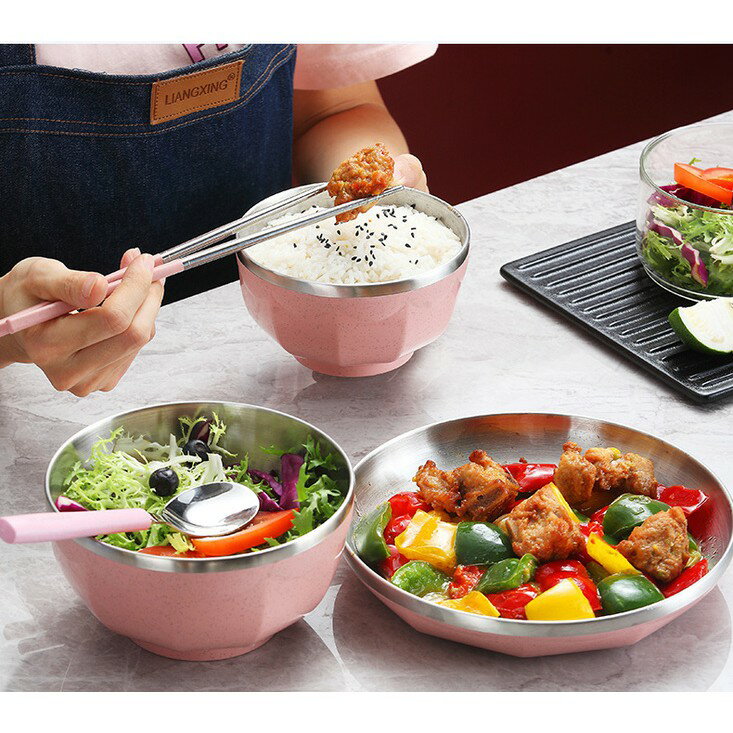 [現貨]304不鏽鋼 隔熱碗 不銹鋼碗 泡麵碗帶蓋 帶手柄不銹鋼餐具 雙層杯湯碗 304不鏽鋼雙層隔熱輕巧碗 6