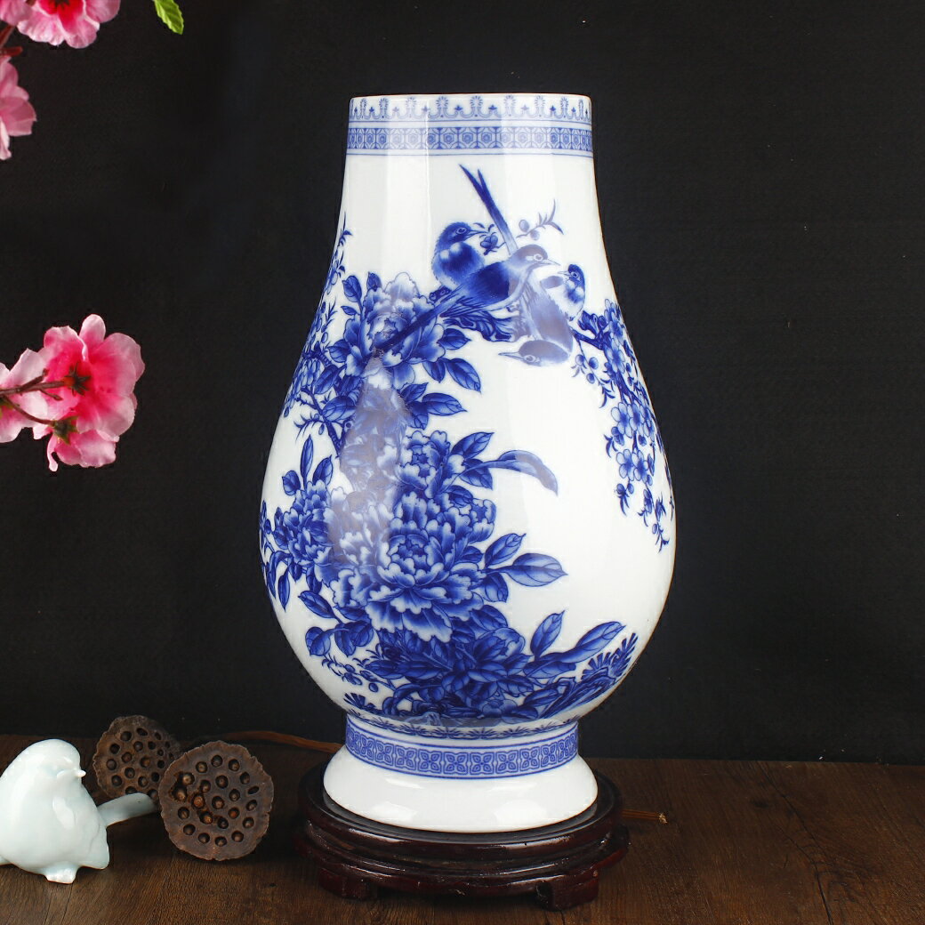 景德鎮陶瓷器青花花瓶喜上眉梢福筒瓶擺件藝術品家居裝飾品花筒