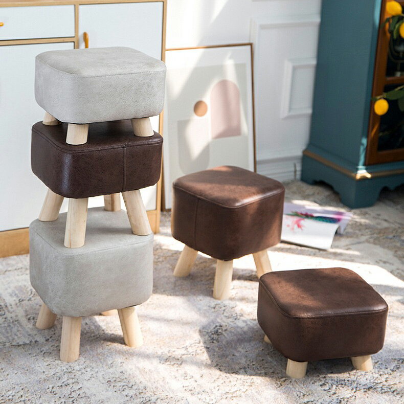簡約北歐網紅軟墊兒童座椅仿皮PU換鞋凳擱腳沙發方椅實木框架活動禮物