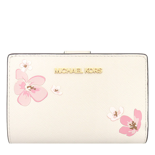 MICHAEL KORS 花卉印花雙層中夾  防刮PVC塗層帆布 雙折錢包 皮夾 M27889 白色MK(現貨)▶指定Outlet商品5折起☆現貨【送禮首選★APP下單點數4倍送】