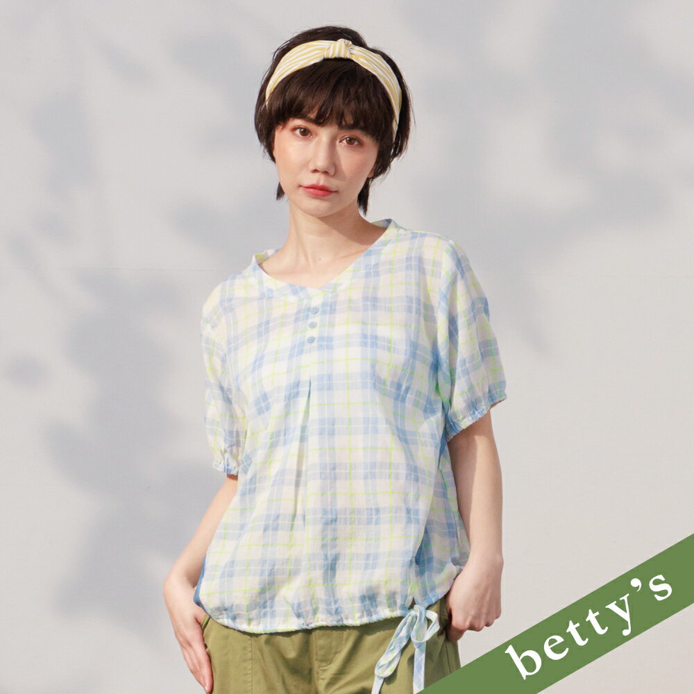 betty’s貝蒂思 口袋拼接格紋抽繩上衣(淺藍)