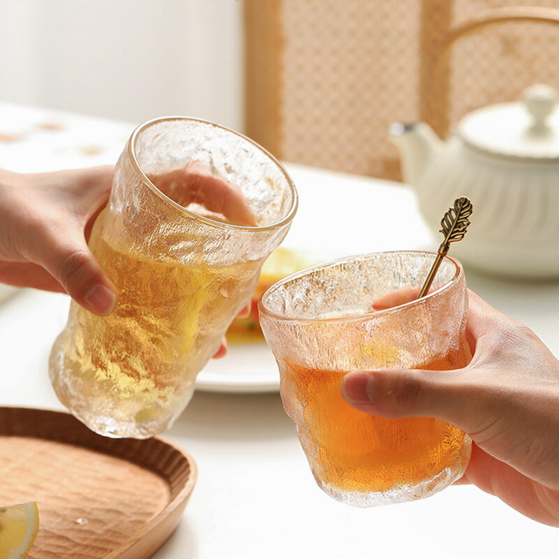 日式冰川杯家用樹皮錘紋杯耐熱磨砂玻璃杯加厚水杯茶杯果汁杯子