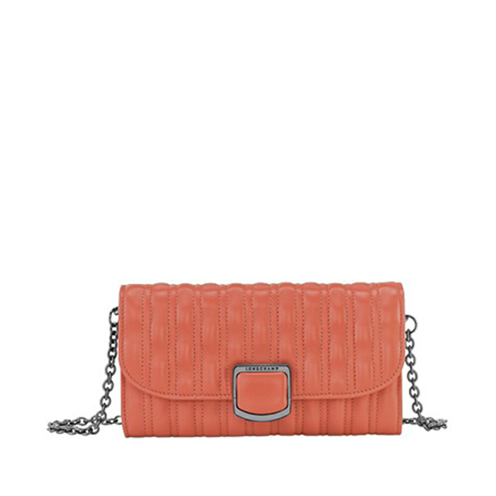 LONGCHAMP Brioche 皮革鏈條皮夾WOC包 珊瑚橘 (30022HVVP63)