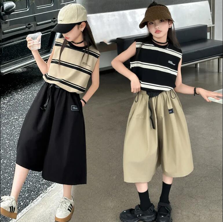 女童套裝夏裝2024新款洋氣女孩中大童兒童夏季休閑條紋裙褲兩件套【步行者戶外生活館】P