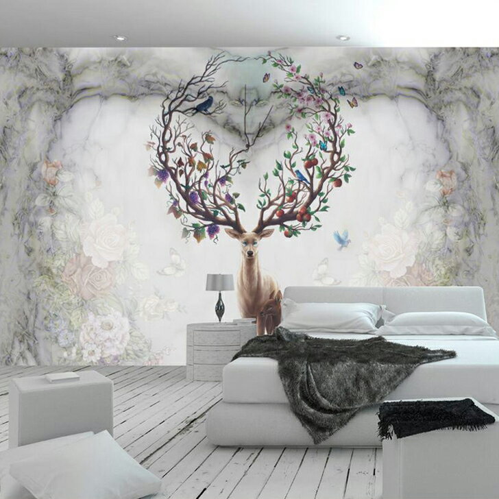 北歐風格壁紙3D立體抽象麋鹿風景壁畫臥室房間背景墻現代簡約墻紙