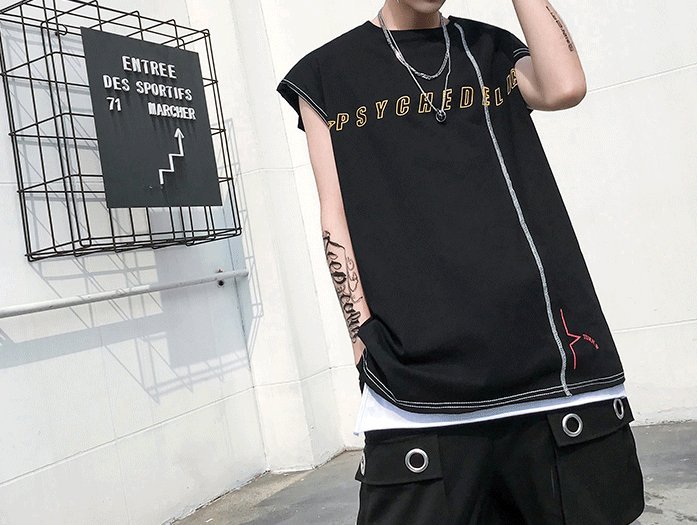 FINDSENSE H1 2018 夏季 新款 高端 暗黑 塗鴉撞色 OVERSIZE無袖T恤  潮 時尚 上衣 男