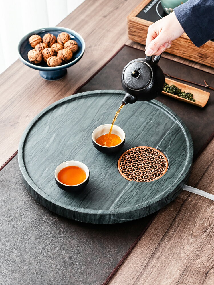 木紋石 整塊烏金石茶盤中式長方形排水茶臺簡約石頭家用茶海托盤