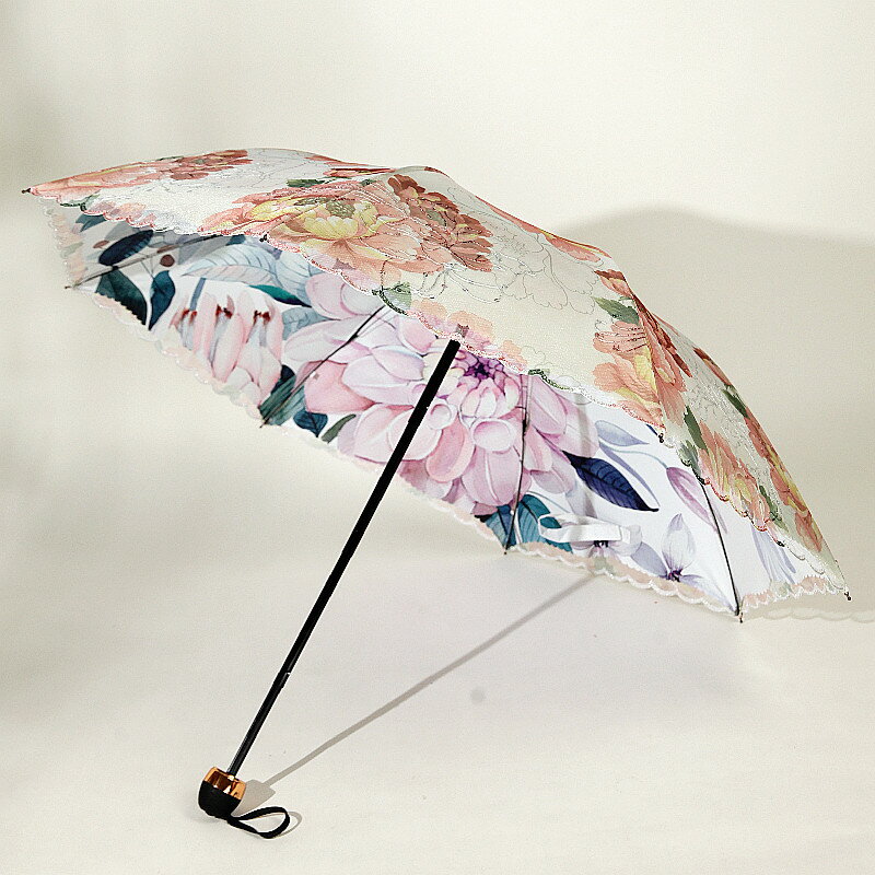 浮羽遮陽傘內外花蕾絲刺繡雙層彩膠防曬晴雨傘三折疊花朵傘包便攜