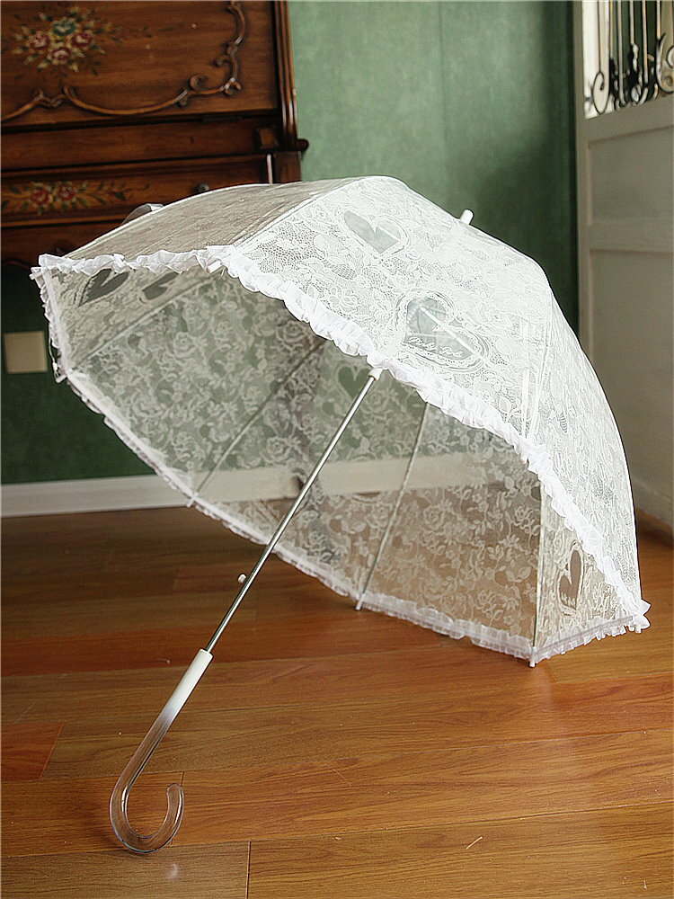 雨傘夏季愛心小清新白色蕾絲黑色彎柄半自動長柄傘拱形透明傘