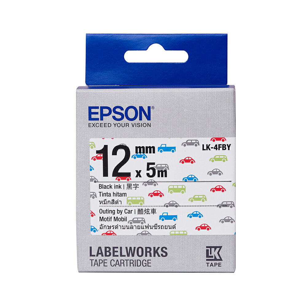 EPSON Pattern系列 LK-4FBY 酷炫車 12mm 標籤帶 C53S654466 適用 LW-200KT/220DK/K200BL/400/K400/C410/K420/500/600/700/900P/Z900/1000P