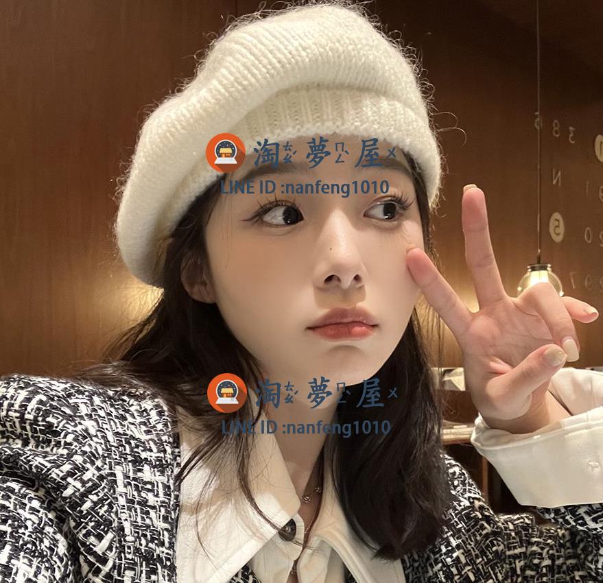 針織貝雷帽小羊毛線帽子女 毛絨絨畫家帽百搭大頭圍顯臉【淘夢屋】