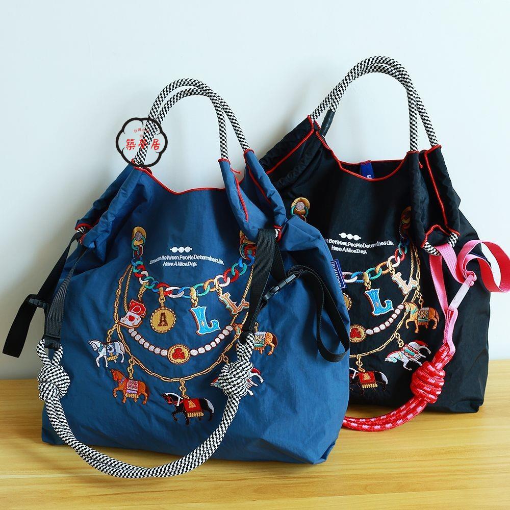 免運/附發票 購物袋 日系ball chain刺繡購物袋環保手提單肩尼龍新款大容量斜挎通勤工廠現貨直銷 售後保障 全館八折 5z12
