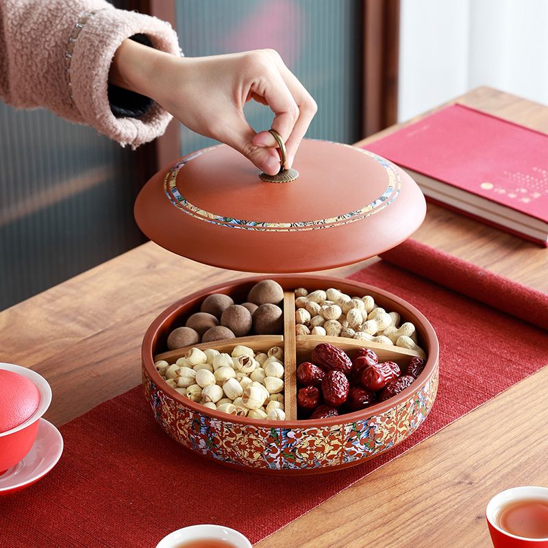 糖果盒 果盤 零食盒 茶點盒 陶瓷結婚水果盤 干果盤 糖果盒 子家用客廳茶幾分格零食新年過年帶蓋