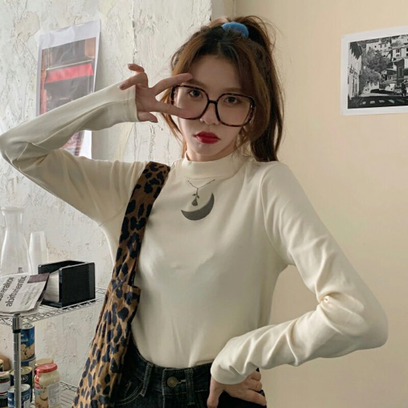 打底衫女秋冬半高領韓版內搭長袖修身洋氣黑色上衣T恤年新款 0