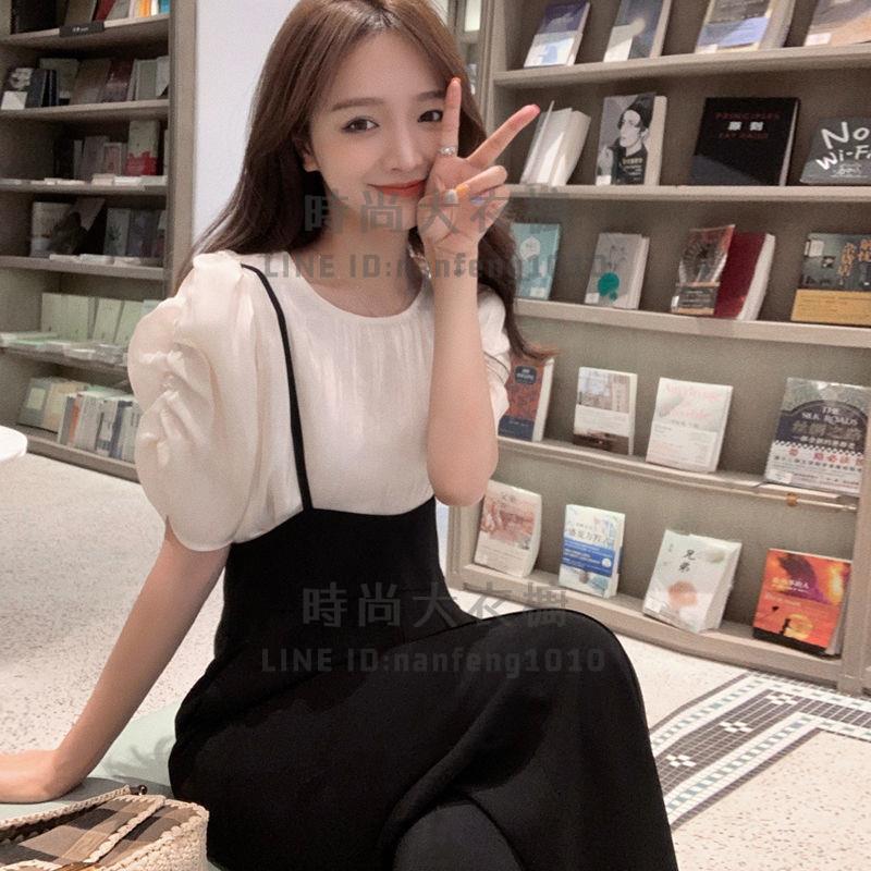 時尚套裝女短袖褲裝韓版氣質泡泡袖高腰背帶褲顯瘦兩件套【時尚大衣櫥】 8