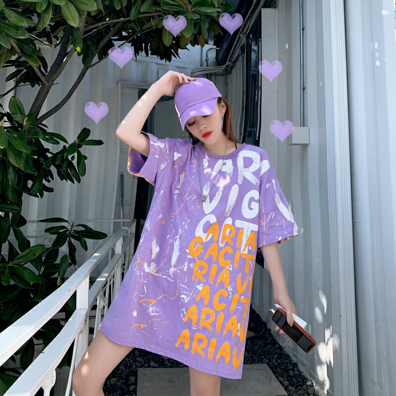 夏裝街頭字母涂鴉印花紫色短袖t恤女純棉寬松中長款半袖上衣ins潮
