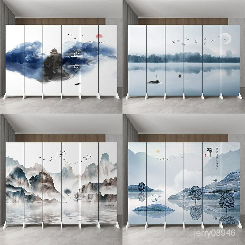 中式圖庫大圖辦公山水屏風折疊移動客廳裝飾遮擋6片裝