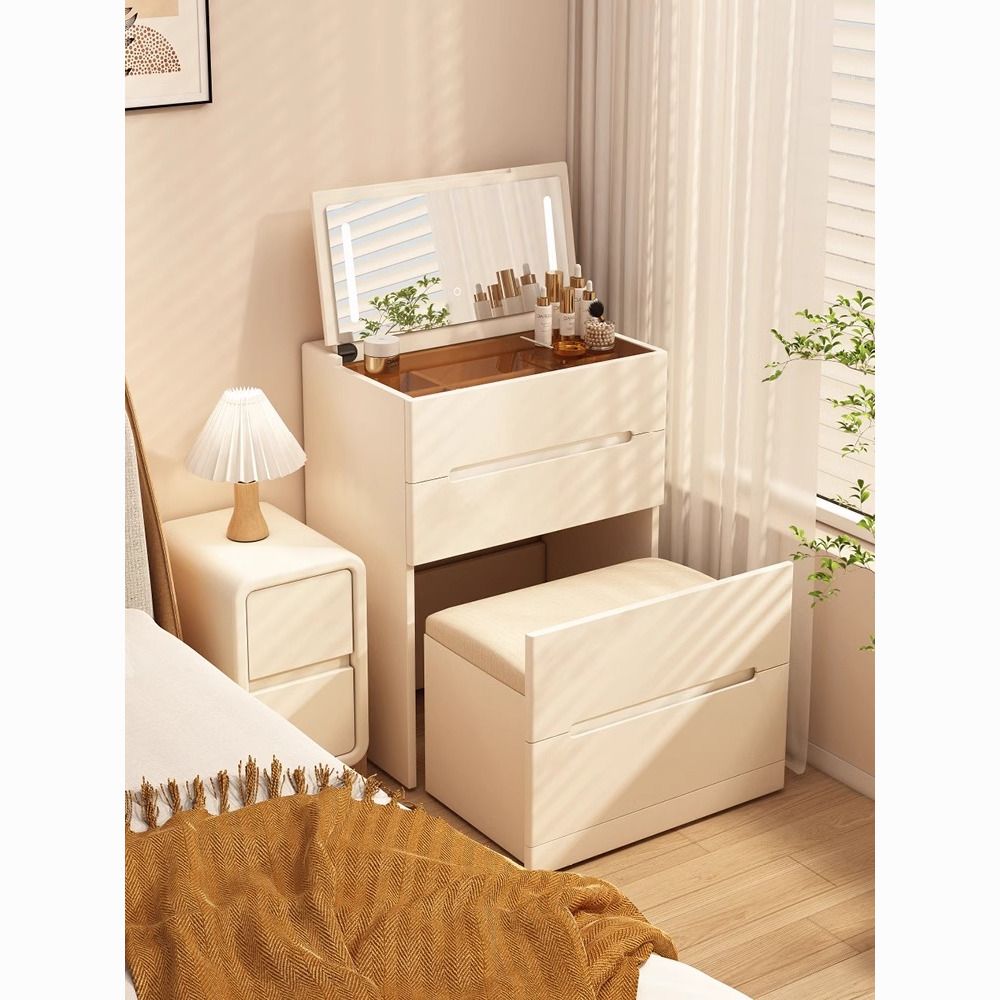 奶油風梳妝臺床頭櫃一體現代簡約化妝臺臥室收納斗櫃