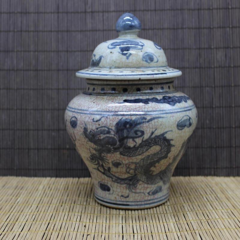 明青花雲龍紋將軍罐 全手工仿古做舊出土瓷器擺件收藏 古董古玩1入