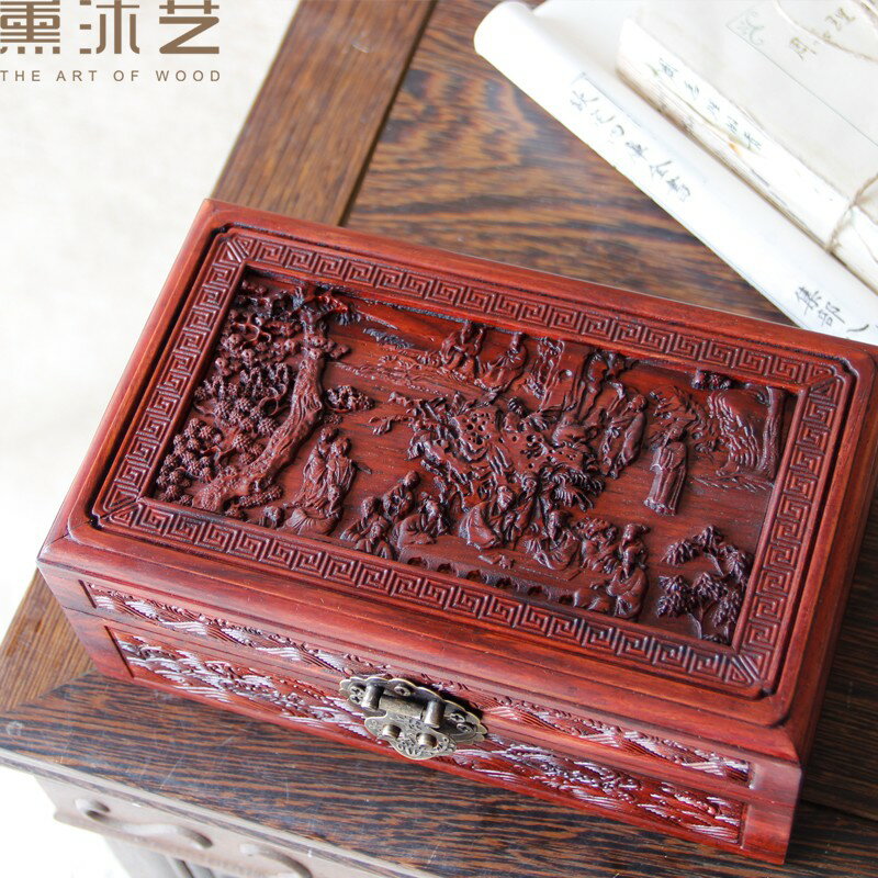 首飾盒大號紅酸枝雅士圖飾品木盒子紅木收納盒百年好合結婚禮盒