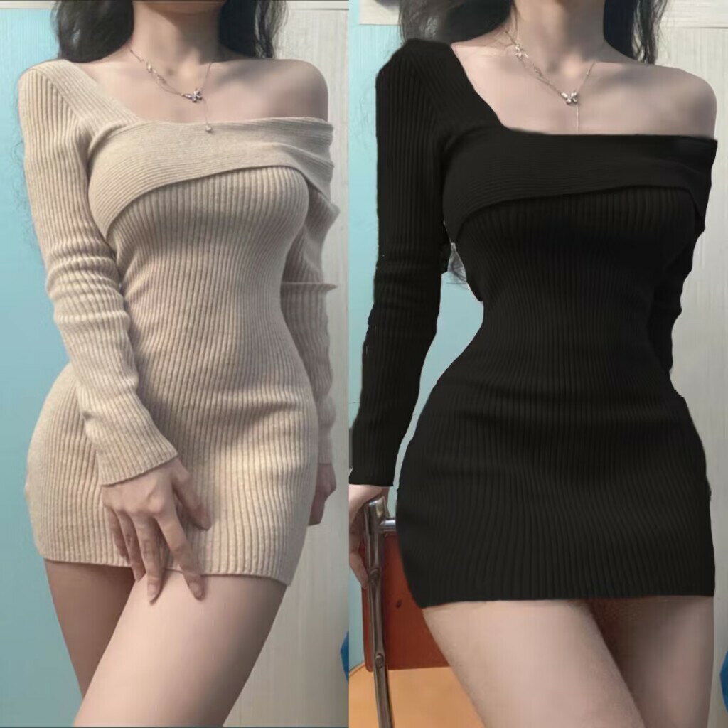 FUXI 長袖洋裝女 純欲風露肩針織裙 連身短裙 修身顯瘦包臀短裙 秋冬毛衣裙  內搭裙 打底裙 女生裙子 連身裙