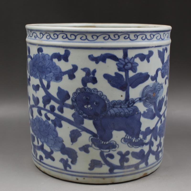 大清同治青花穿花獅紋筆筒筆海手工仿古文房用品擺件瓷器古董收藏1入