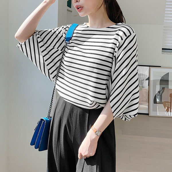 ANNAS 正韓 設計師款 條紋 蝙蝠袖 上衣 寬鬆 襯衫 T 素面 飛鼠袖 顯瘦 百搭 氣質 上班族 短袖 韓國 6