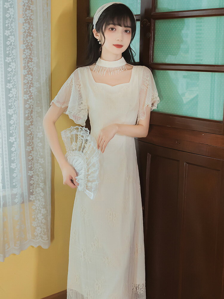 中國風少女年輕款改良版旗袍裙2021春夏新款溫柔風白色蕾絲連衣裙