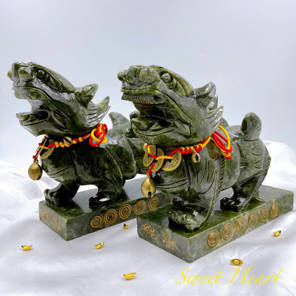 Sweet Heart 田芯開運精選 💯霸王貔貅 青玉貔貅 青玉 貔貅 一對 招財鎮宅辟邪 贈圖中銅鈴綁飾