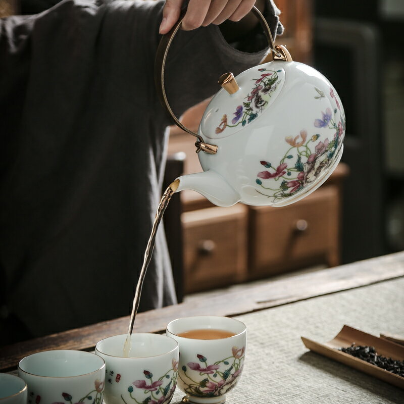 虞美人景德鎮陶瓷茶具套裝家用茶壺茶杯提梁壺大號中式1壺6杯禮盒
