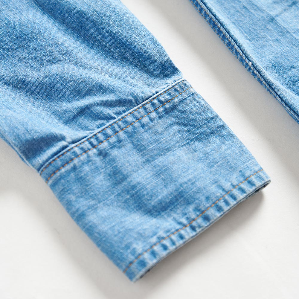 EDWIN 露營系列 刺繡LOGO長袖牛仔襯衫-男款 石洗藍 6