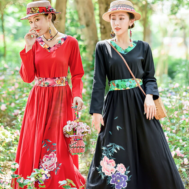 民族風女裝秋季新款大碼寬松長袖復古印花v領衣服刺繡連衣裙1入