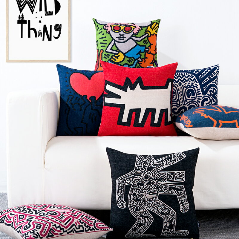 凱斯哈林Keith Haring名畫現代創意簡約北歐棉麻沙發靠墊抱枕靠枕