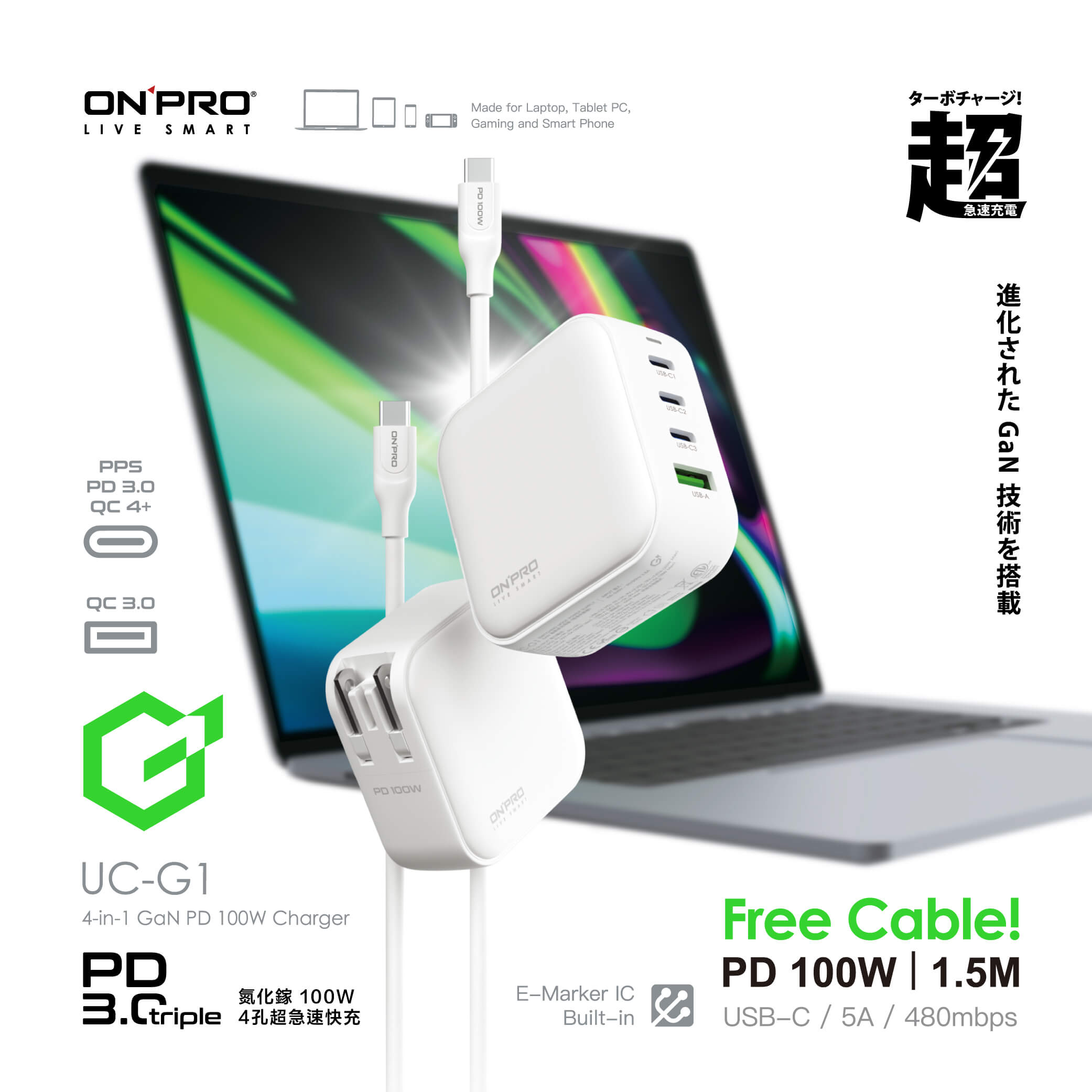 ONPRO 100W 充電器 充電線 四孔 氮化鎵 GaN 快充頭 type c 充電頭 適 Iphone 15 14 4