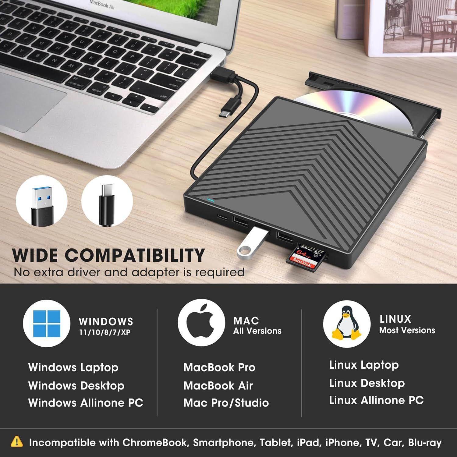 usb外接dvd燒錄機筆記本電腦通用光驅刻錄機七合一超薄光碟讀取器【宜家良品百貨】