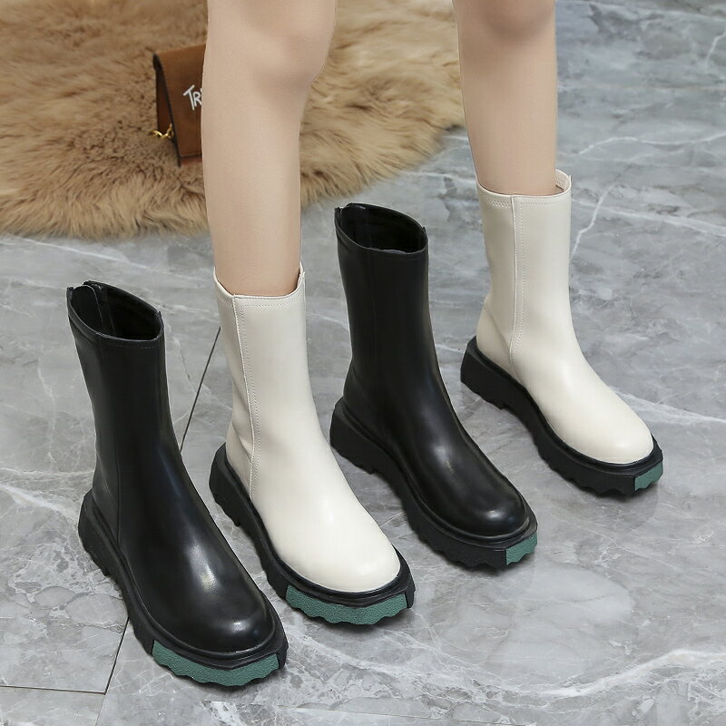 白色小短靴女馬丁靴子2021年新款小個子厚底煙筒靴春秋單靴子增高