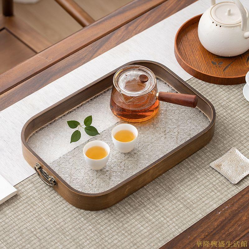 復古海棠玻璃木托盤家用長方形茶盤桌面水杯收納胡桃色點心小吃盤