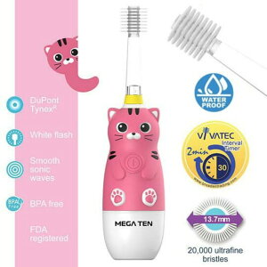 【牙齒寶寶】頂級款 Vivatec 創新升級‧5倍清潔力 Mega Ten 360度幼童電動牙刷(貓咪)