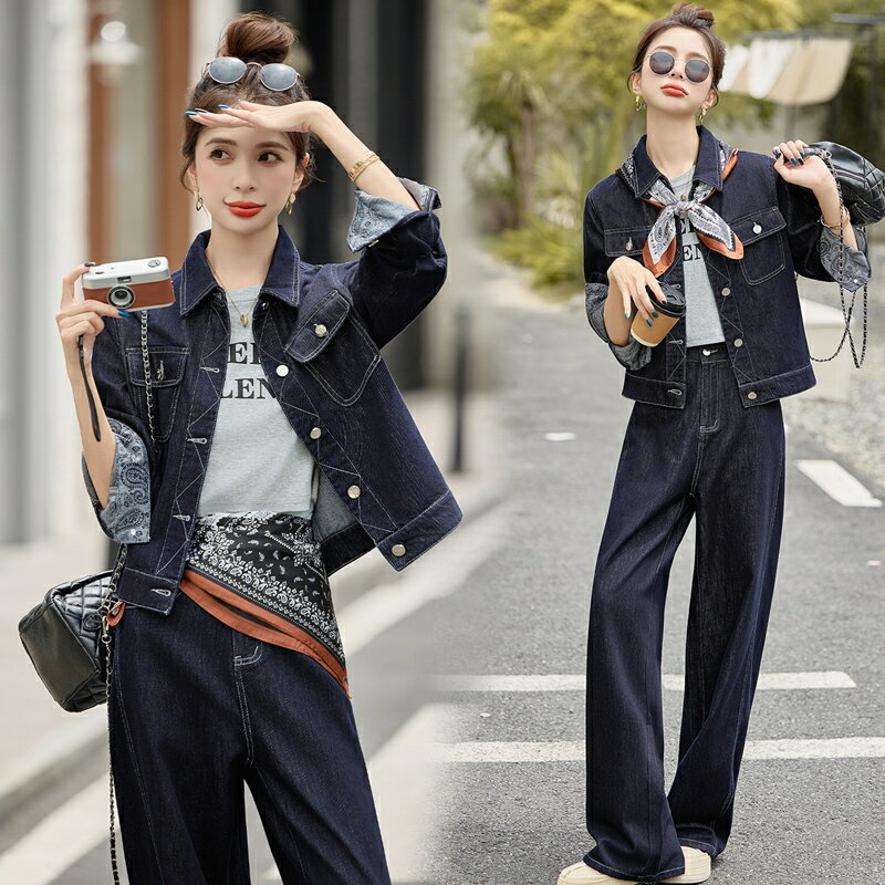 【巴黎精品】現貨+預購 韓風牛仔套裝牛仔外套牛仔褲丹寧夾克襯衫休閒女裝-休閒絲巾牛仔兩件套a1ln38