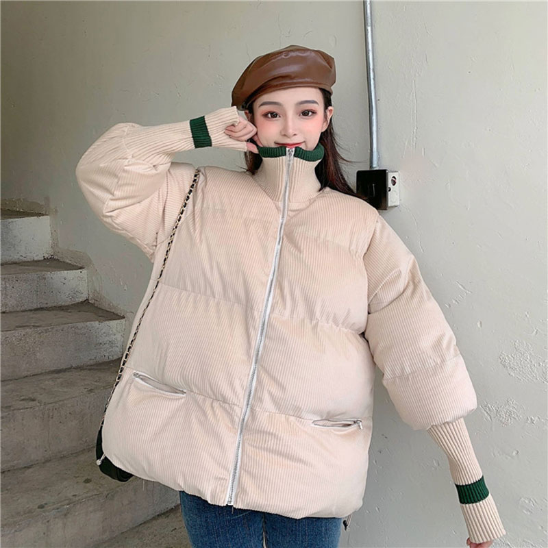 棉服女韓版寬松新款秋冬百搭休閑燈芯絨加厚保暖棉衣女中長款1入
