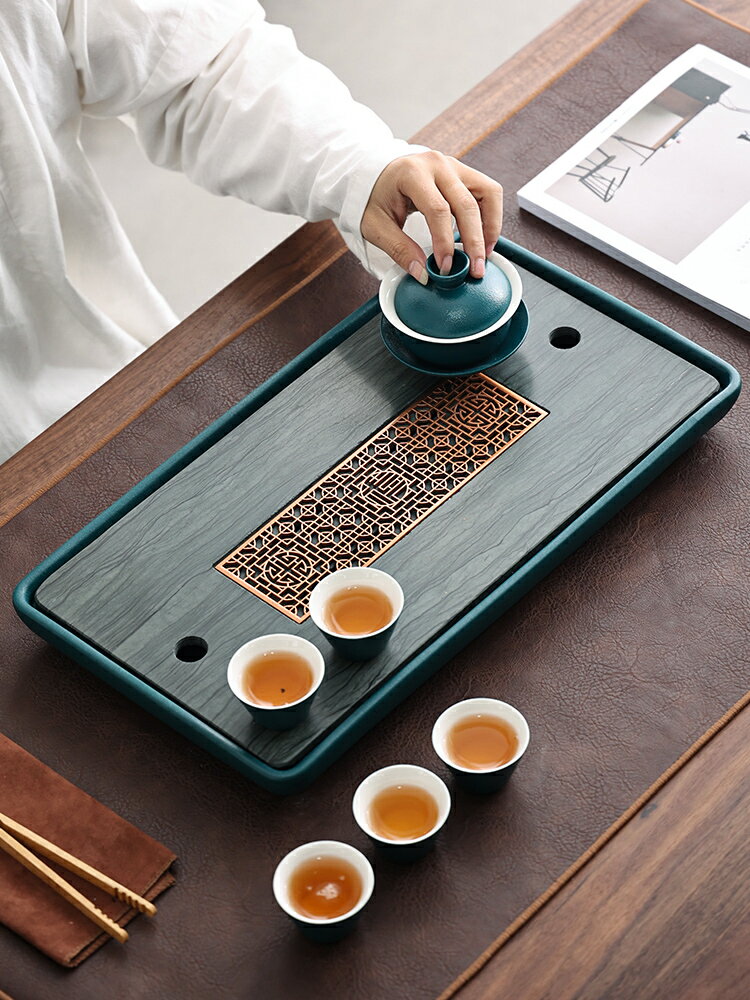 陶瓷儲水茶盤排水式木紋石茶臺烏金石現代簡約小型儲水干泡臺托盤