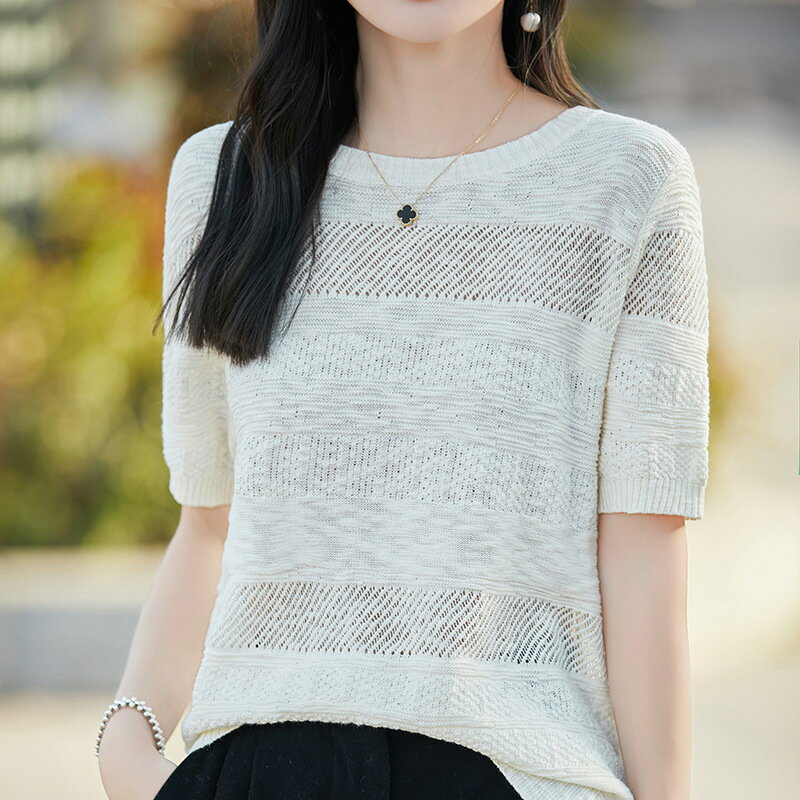 現貨+預購 針織衫短袖毛衣-氣質鏤空竹節棉休閒女上衣4色74lc71【獨家進口】【米蘭精品】